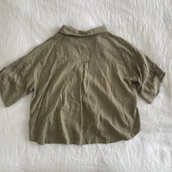Zara Linen Blend Olive Button T Shirt (sz S) - Picture 6 of 8